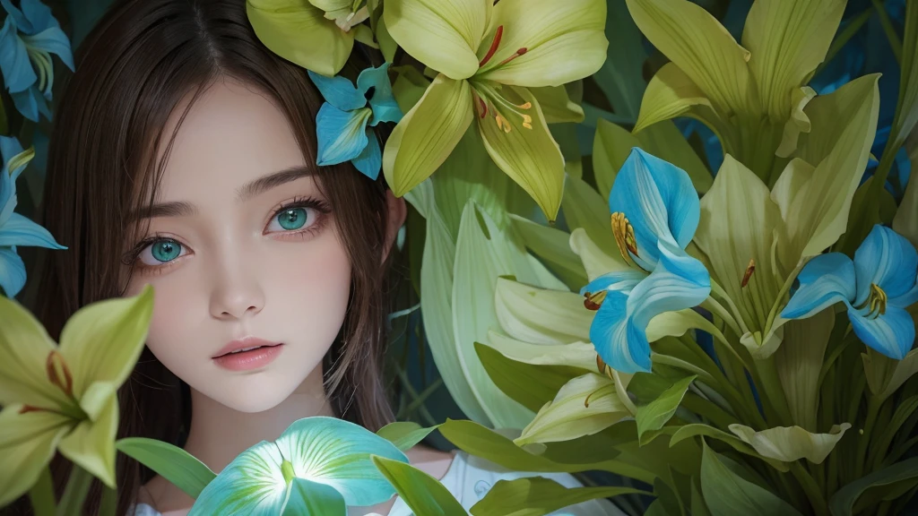 32k, Masterpiece, Highest quality, One girl, Brown Hair, Detailed eyes, flower,Amaryllis, Blue and green style,A dreamy, romantic piece,Pale yellow, Mysterious Leaves,A playful arrangement,Fantasy,High Contrast,Ink strokes,explosion,Exposure, Impression of blue and green tones,Abstract, Brush strokes,Negative Space, Tyndall effect
