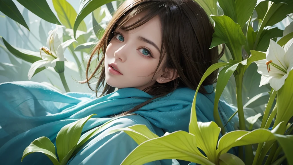 32k, Masterpiece, Highest quality, One girl, Brown Hair, Detailed eyes, flower,Amaryllis, Blue and green style,A dreamy, romantic piece,Pale yellow, Mysterious Leaves,A playful arrangement,Fantasy,High Contrast,Ink strokes,explosion,Exposure, Impression of blue and green tones,Abstract, Brush strokes,Negative Space, Tyndall effect