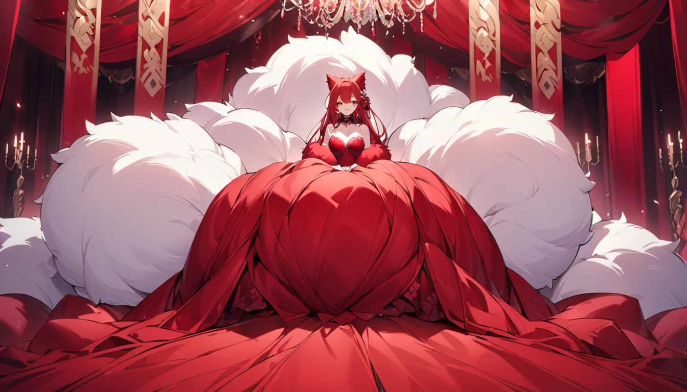 Fluffy red silk duvet、Lots of giant silk pillows、Luxurious fluffy red silk bed、