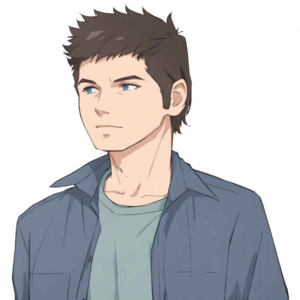 A short-haired man around 35 years old wearing a blue shirt