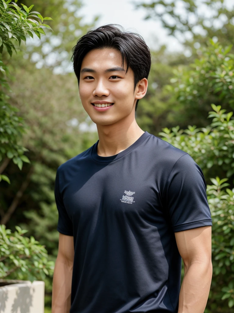 独奏: 1.5, (As a matter of fact, Masterpiece, 8k HD, good light quality, sportswear, fit the face, complicated details), A handsome, muscular young Korean man. , 20 years old, be happy, smile brightly, detailed face, delicate eyes, มองดูsky, Wear a navy tight T-shirt.:1.6, period, black eyes, Black hair color, ผมsmooth, smooth, outdoor sports, Along the garden, Sunny,sky,Surreal,Awesome details,Highest quality,real,Open your mouth to talk. , Close your eyes.