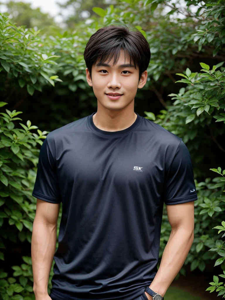 独奏: 1.5, (As a matter of fact, Masterpiece, 8k HD, good light quality, sportswear, fit the face, complicated details), A handsome, muscular young Korean man. , 20 years old, be happy, smile brightly, detailed face, delicate eyes, มองดูsky, Wear a navy tight T-shirt.:1.6, period, black eyes, Black hair color, ผมsmooth, smooth, outdoor sports, Along the garden, Sunny,sky，Surreal，Awesome details，Highest quality，real，Open your mouth to talk. , Close your eyes.