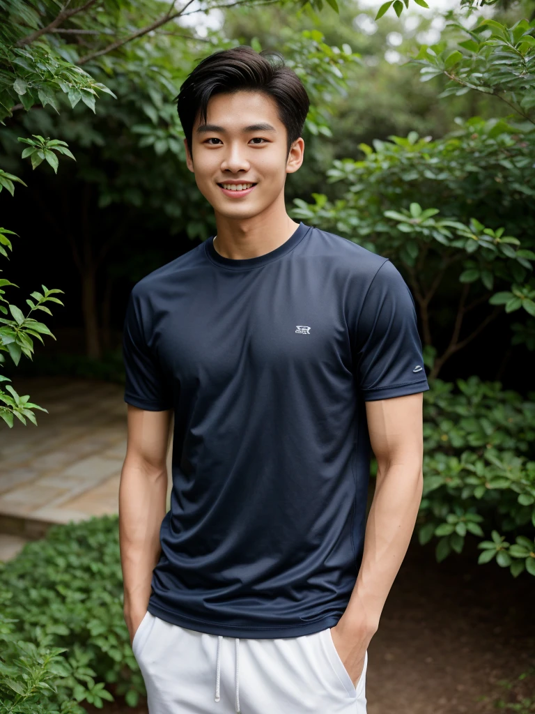 独奏: 1.5, (As a matter of fact, Masterpiece, 8k HD, good light quality, sportswear, fit the face, complicated details), A handsome, muscular young Korean man. , 20 years old, be happy, smile brightly, detailed face, delicate eyes, มองดูsky, Wear a navy tight T-shirt.:1.6, period, black eyes, Black hair color, ผมsmooth, smooth, outdoor sports, Along the garden, Sunny,sky，Surreal，Awesome details，Highest quality，real，Open your mouth to talk. , Close your eyes.