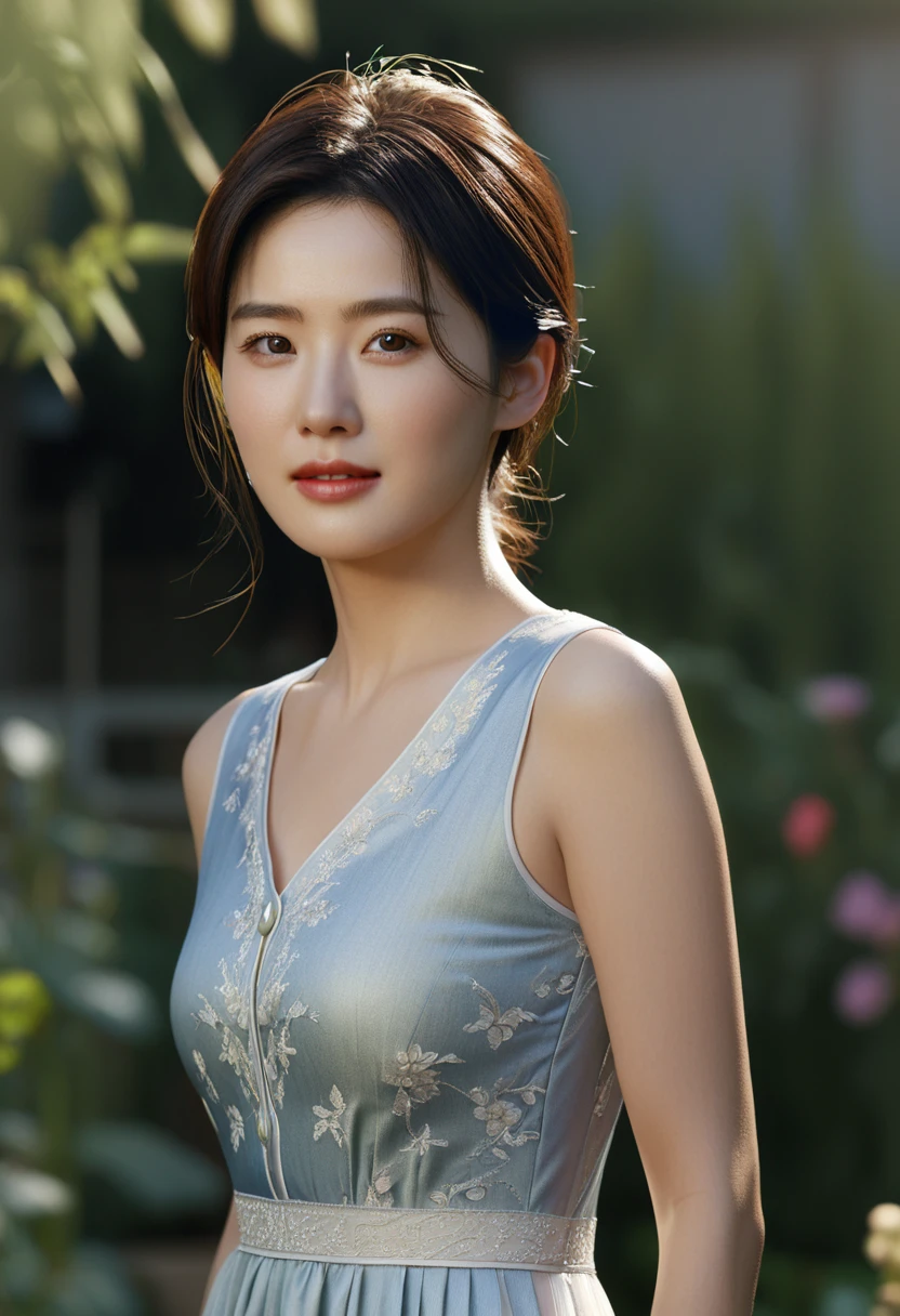 1 woman, (Wearing sleeveless luxury quality dress:1.6),(raw photo, best quality), (realistic, photo-realistic:1.4), masterpiece, Very delicate and beautiful Korean woman, very detailed, 2k wallpaper, amazing, in detail, very detailed CG unity 8k wallpaper, very detailed, mackerel, soft light, Beautiful and detailed 36 year old woman, very detailed eyes and face, beautiful and delicate nose, beautiful detailed eyes,cinematic lighting,(in the garden:1.6),complete anatomy,slim body,(laugh:1.4),(young girl:1.4),(cowboy shot:1.6),(look at the viewer:1.4),(front view:2.0),cinematic angle,Inspired by Son Ye-jin,standing,(split:0.8), Short hair