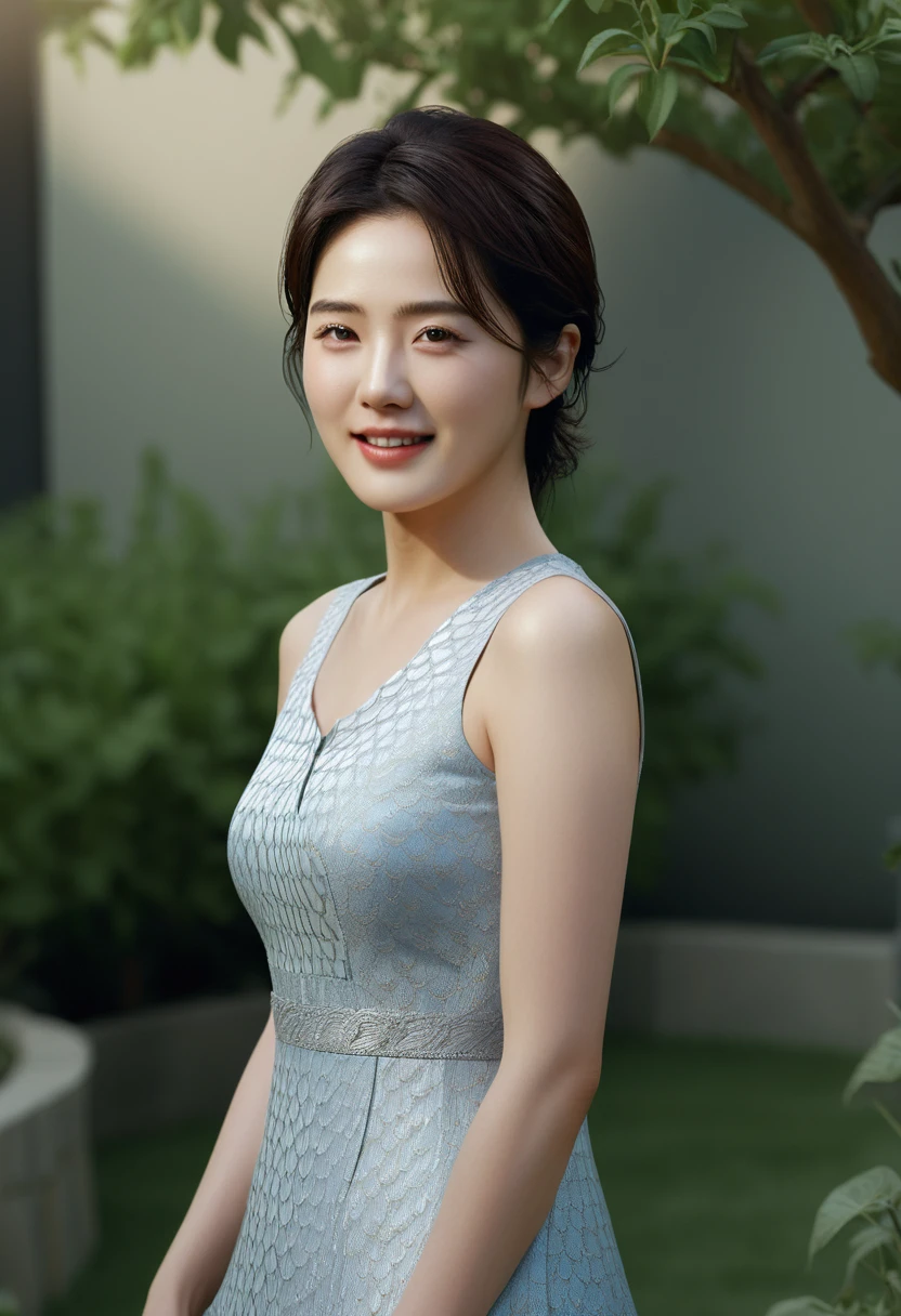 1 woman, (Wearing sleeveless luxury quality dress:1.6),(raw photo, best quality), (realistic, photo-realistic:1.4), masterpiece, Very delicate and beautiful Korean woman, very detailed, 2k wallpaper, amazing, in detail, very detailed CG unity 8k wallpaper, very detailed, mackerel, soft light, Beautiful and detailed 36 year old woman, very detailed eyes and face, beautiful and delicate nose, beautiful detailed eyes,cinematic lighting,(in the garden:1.6),complete anatomy,slim body,(laugh:1.4),(young girl:1.4),(cowboy shot:1.6),(look at the viewer:1.4),(front view:2.0),cinematic angle,Inspired by Son Ye-jin,standing,(split:0.8), Short hair