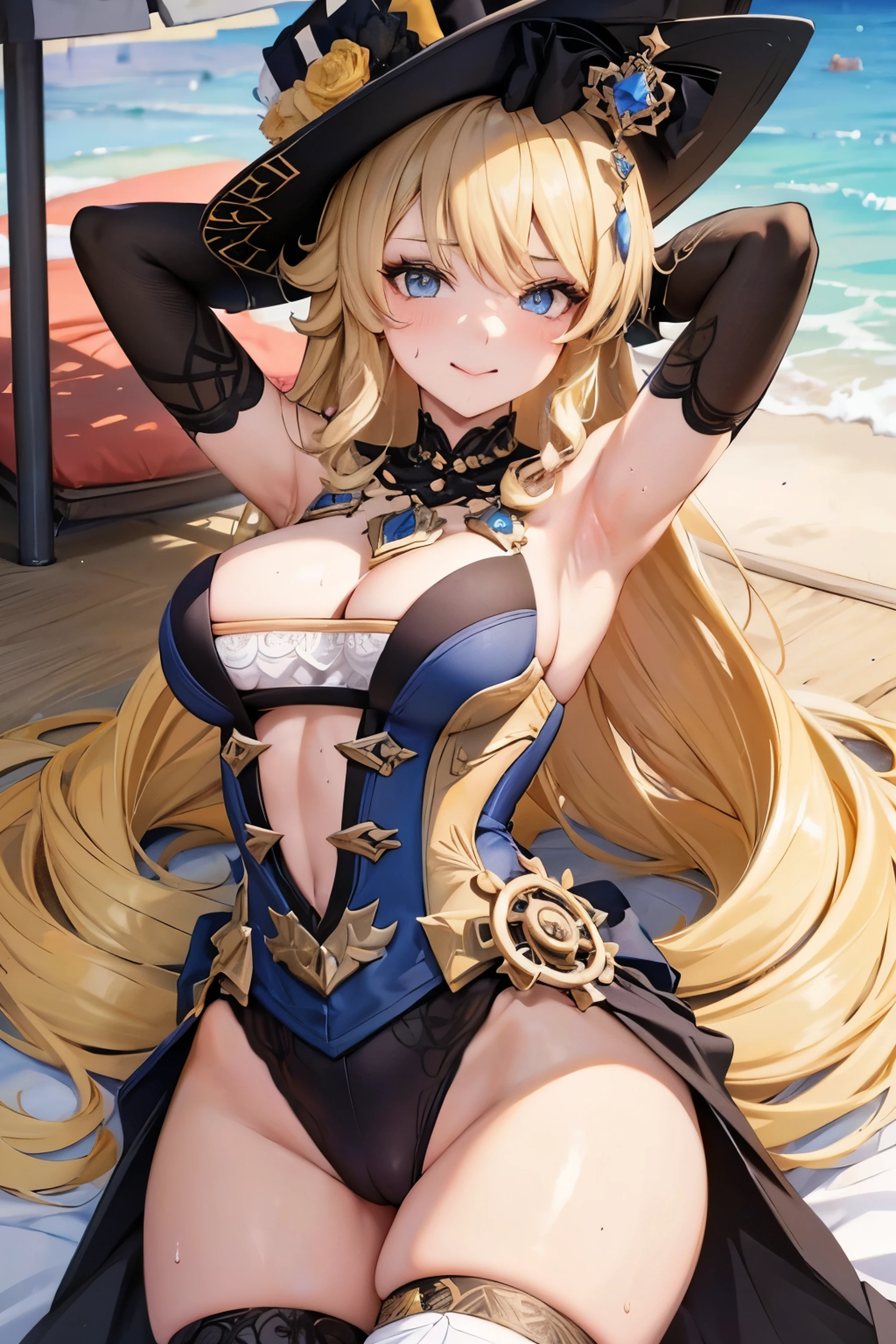 High quality, masterpiece, best solutions, sexy breasts, sexy body,beautiful breasts, perfect body,height 174cm, bust 98, gorgeous body, wearing a 7cm short bunny clothes, black bra with beads, on the beach, armpits high, it's very hot, body covered in sweat foul smell, red face, tongue sticking out to lick armpit sweat, Navia, Genshin impacts, yellow hair, wearing a hat, big breasts, sexy armpits, sexy position ,Smooth hair, smooth skin, mature,MILF,cowgirl position