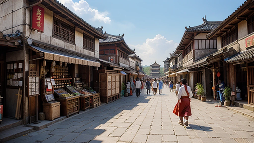 Photo-realistic scene of an ancient Chinese city with bustling markets, towering city walls, pagodas, and traditional homes. Include people in traditional attire going about their daily activities