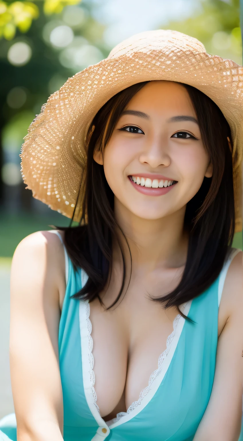 masterpiece,best quality,(Japanese ),((Beautiful girl)),cleavage,(perfect body beauty:1.2),(shy smile),beautiful teeth,(straw hat),(in the park),