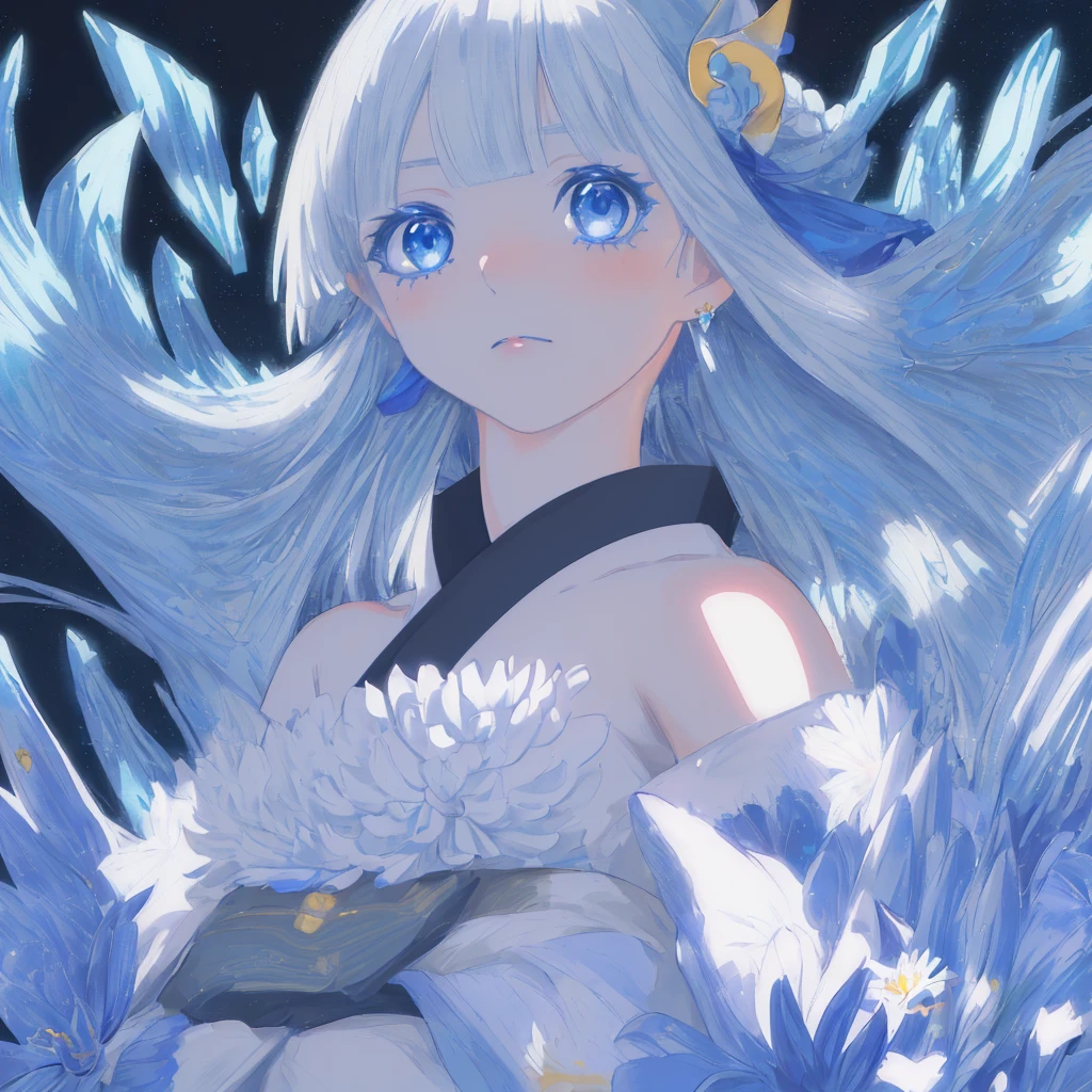 Lily-inspired Aster Pieces, highest quality)), High resolution, 8k, Cinematic Light, High Contrast, Written boundary depth, Strong brilliance, Detailed Background,  Shining Eyes, Detailed Iris,Yuki Onna, 1girl, japanese kimono, bare shoulder, light blue hair, extremely long hair, blue eyes, hair ornament, blue ribbon, blue earring, medium chest