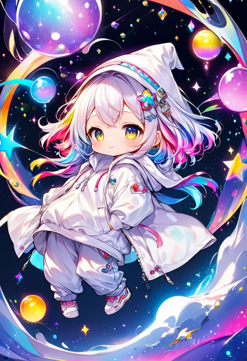 best quality, incredibly absurdres, extremely detailed, 2.5D, delicate and dynamic, chibi, cute girl, wearing baggy clothes, baggy pants, sparkly and vivid color effects, background another dimension