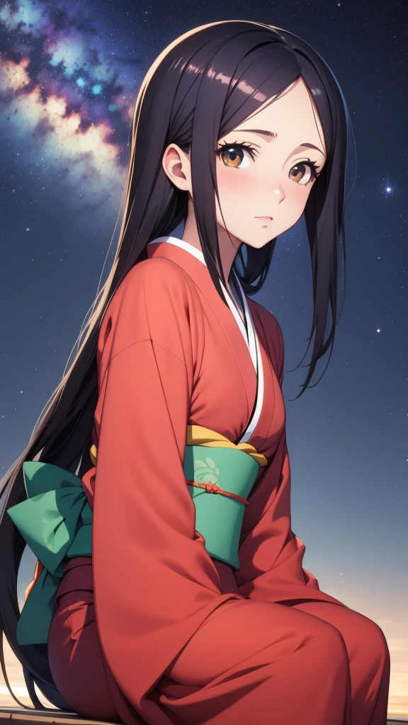 anime, 1 woman, 20 years old, Black Hair, Orihime,kimono,milky way,Starry Sky