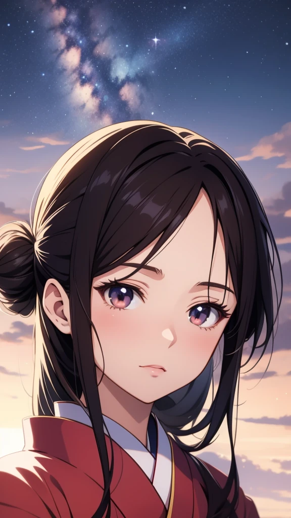 anime, 1 woman, 20 years old, Black Hair, Orihime,kimono,milky way,Starry Sky