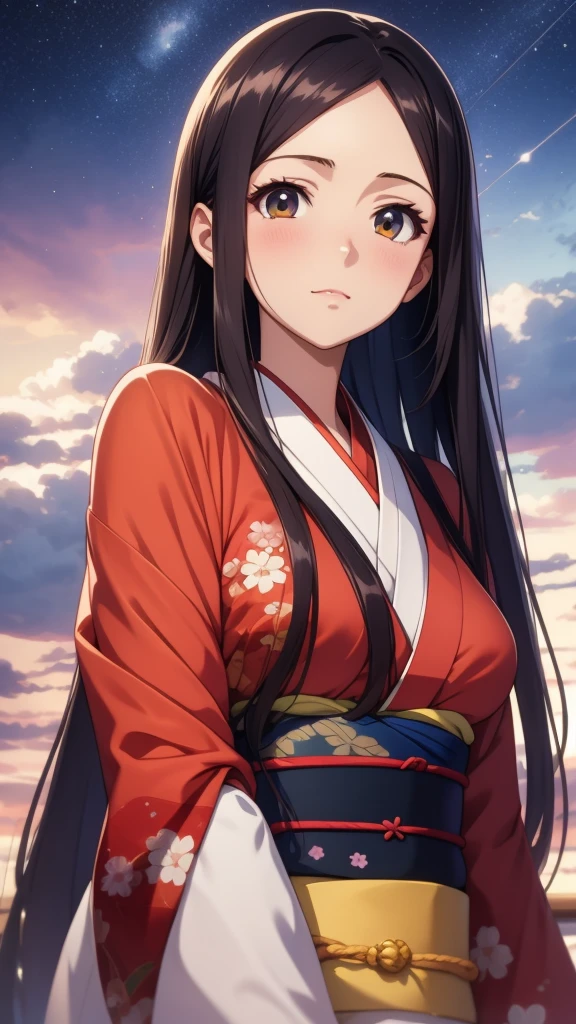 anime, 1 woman, 20 years old, Black Hair, Orihime,kimono,milky way,Starry Sky