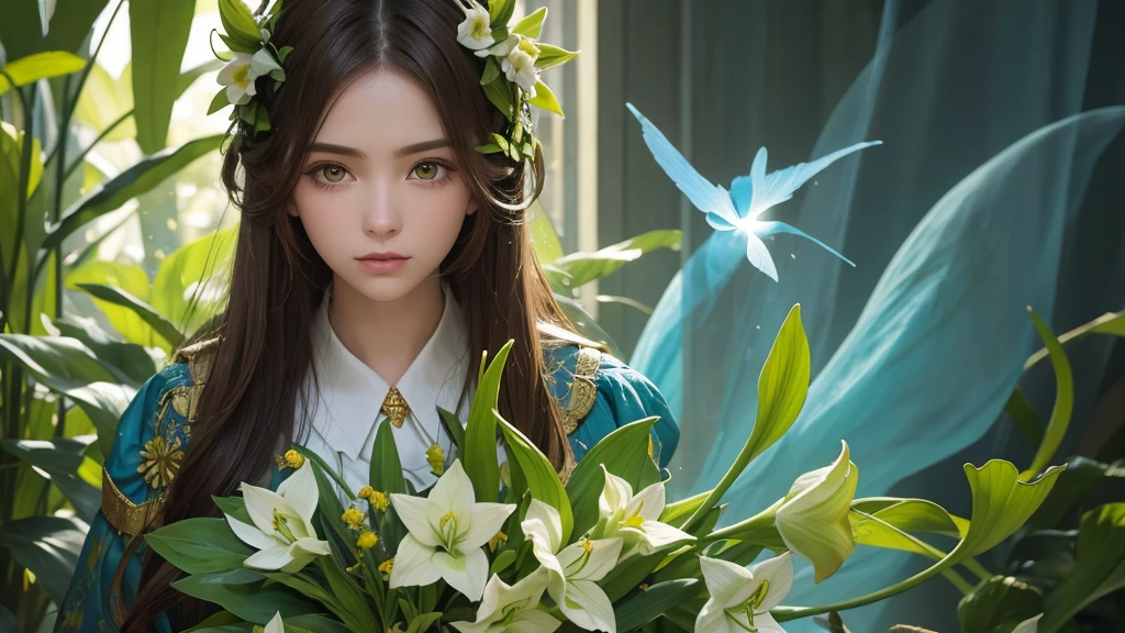 32k, Masterpiece, Highest quality, One girl, Brown Hair, Detailed eyes, flower,Amaryllis, Blue and green style,A dreamy, romantic piece,Pale yellow, Mysterious Leaves,A playful arrangement,Fantasy,High Contrast,Ink strokes,explosion,Exposure, Impression of blue and green tones,Abstract, Brush strokes,Negative Space, Tyndall effect