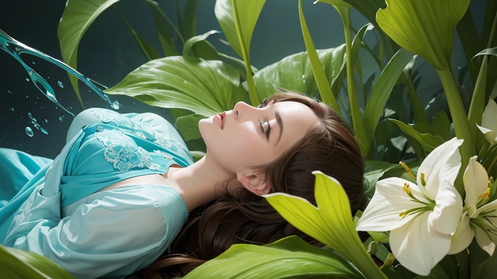 32k, Masterpiece, Highest quality, One girl, Brown Hair, Detailed eyes, flower,Amaryllis, Blue and green style,A dreamy, romantic piece,Pale yellow, Mysterious Leaves,A playful arrangement,Fantasy,High Contrast,Ink strokes,explosion,Exposure, Impression of blue and green tones,Abstract, Brush strokes,Negative Space, Tyndall effect