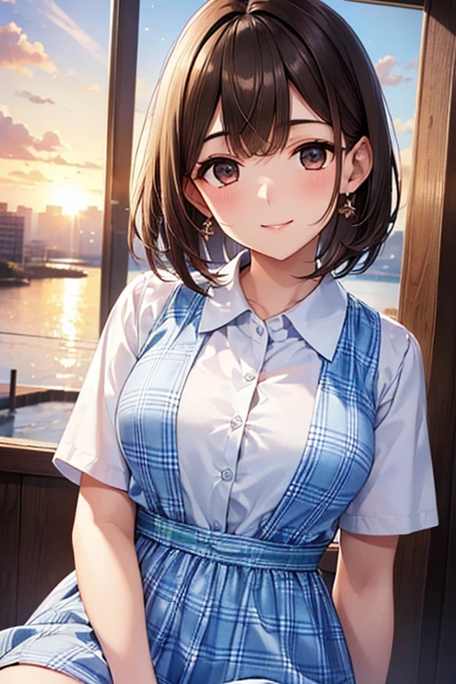 
anegasaki nene、Shiny brown hair, short hair, Beautiful brown eyes、smile、Sparkling eyes, (Fine grain)、Ultra-detailed eyes、Highly detailed face, Highly detailed eyes,


(high quality, High resolution, Fine details),  masterpiece, 最high quality, 8k wallpaper,

1 Girl,  ((White shirt、BREAK Light blue checkered dress)), sunset background, sunset, 4K,(((High-quality images)))), Shades of green