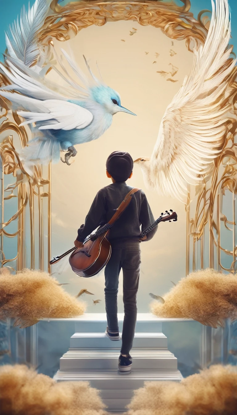 Create a professional, fantastic, cinematic dream-like Youtube Banner for a brand about music, stories, fantasy and dreams called " Penamemoria". Masterpiece, 4k, sharp focus, highest quality,wide shot. The title is " Penamemoria". Is a brand about the creative, unique journey of a boy into becoming a musician storyteller. In his journey he finds inspiration in a world of birds and feathers. Minimalistic, simple, poetic, dreamy logotype at the center of the image. The Background image is a world full of fantastic feathers, unique birds, light blue sky, soft white and light golden. Logo design of a face of a boy and a face of a feather