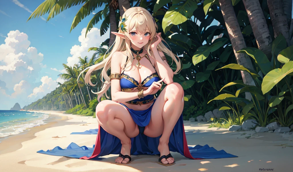 ((Highest quality)), ((masterpiece)), (detailed), A cute elf girl, Beach,Crouching,Sarong pass,Seductive pose,Showcasing cleavage