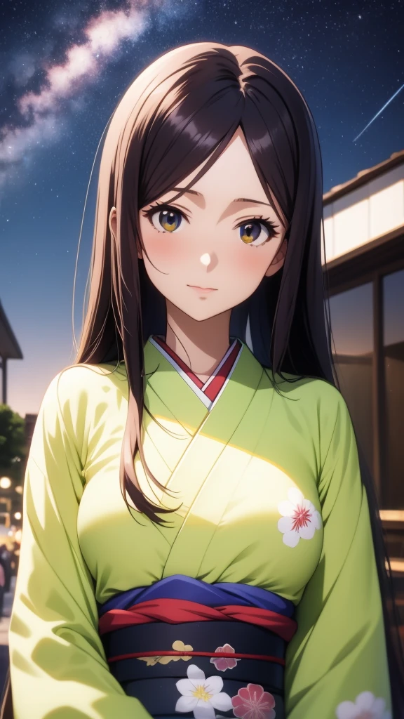 anime, 1 woman, 20 years old, Black Hair, Orihime,kimono,milky way,Starry Sky