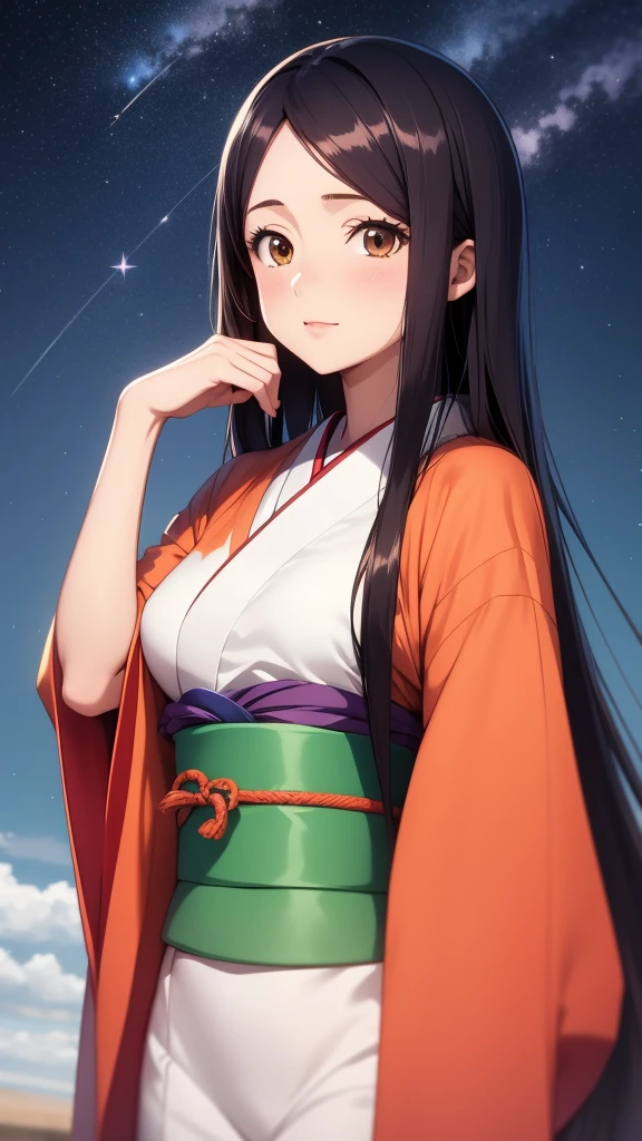 anime, 1 woman, 20 years old, Black Hair, Orihime,kimono,milky way,Starry Sky