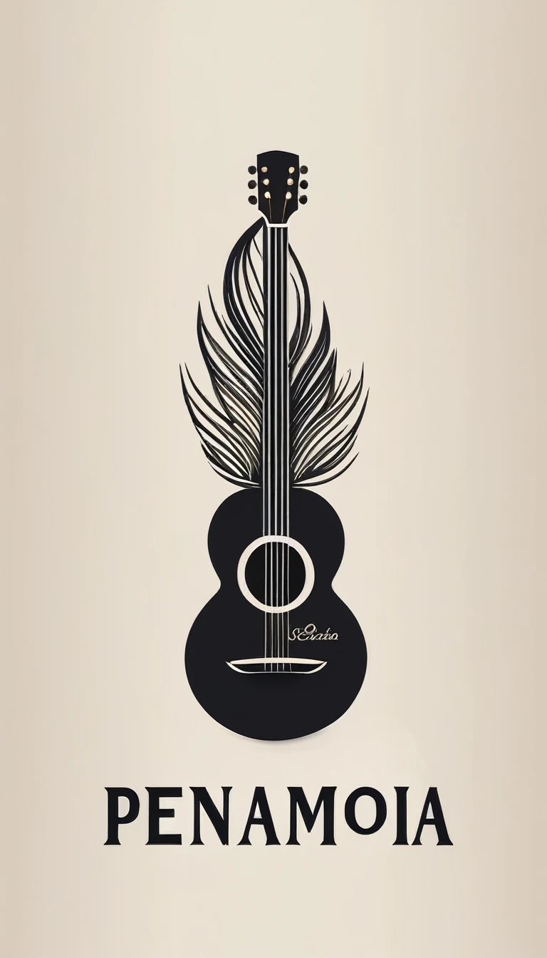 A minimal, modern, simple, cinematic logotype for the brand “Penamemoria". The logotype must be a simple, magical feather and a boy playing acoustic guitar. The logo must convey a sense of music, stories and dreams. Logo design impressed on a book cover. Minimalistic logo