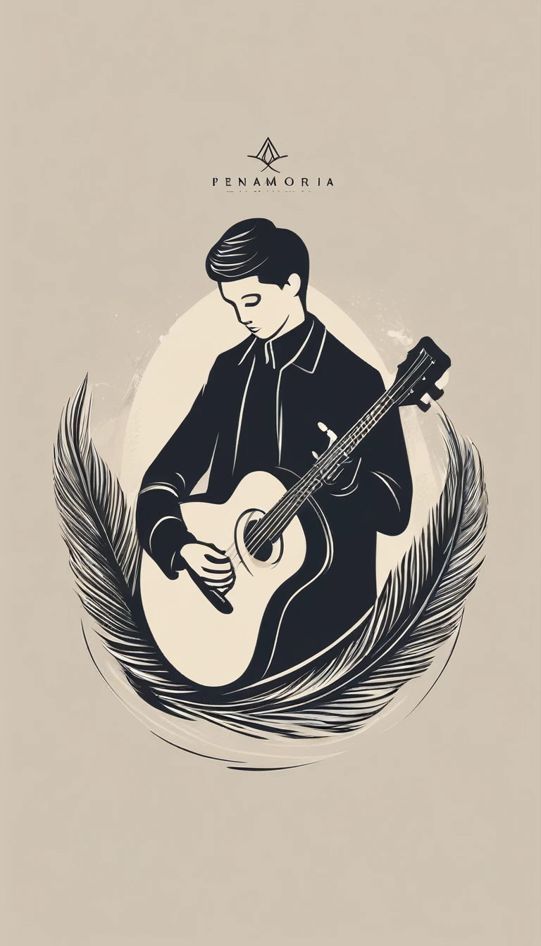 A minimal, modern, simple, cinematic logotype for the brand “Penamemoria". The logotype must be a simple, magical feather and a boy playing acoustic guitar. The logo must convey a sense of music, stories and dreams. Logo design impressed on a book cover. Minimalistic logo
