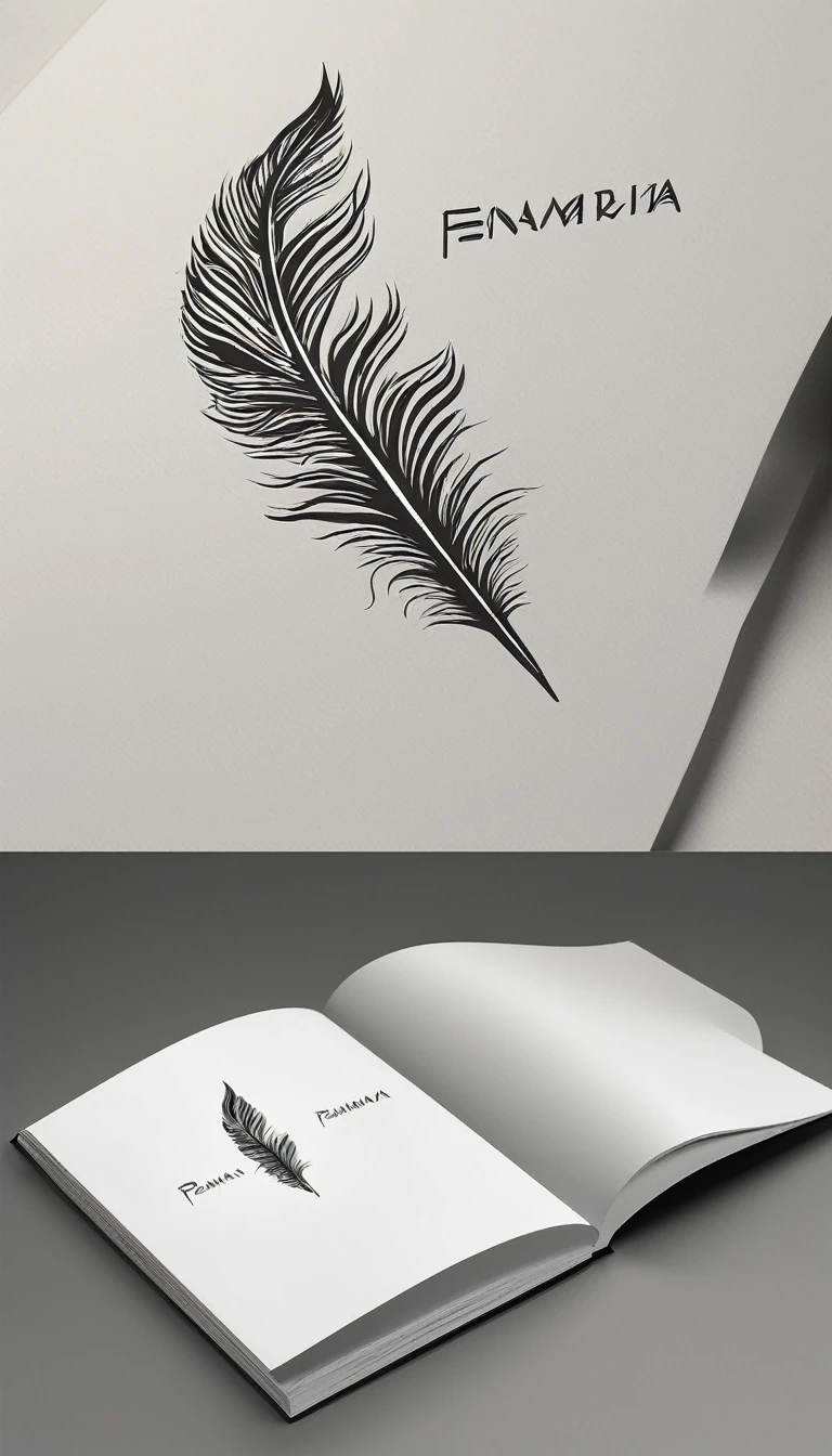 A minimal, modern, simple, cinematic logotype for the brand “Penamemoria". The logotype must be a simple, magical feather and a boy playing acoustic guitar. The logo must convey a sense of music, stories and dreams. Logo design impressed on a book cover. Minimalistic logo
