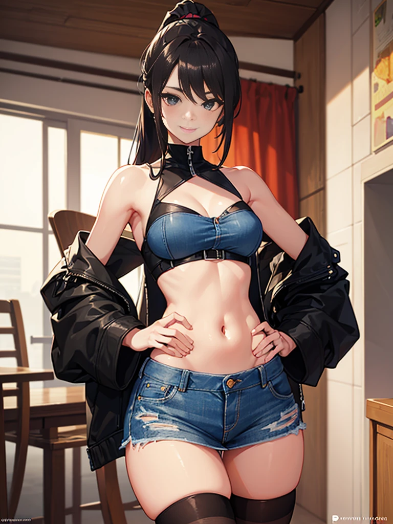 (highest quality, High resolution, perfect pixel, Depth of bounds written, 4K), upper body, (chair), (looking down), (detailed eyes), (1 lady), tall, (skinny body:1.2), (thin thighs:1.2), (Narrow hips:1.2), (black tube tops:1.2), bellybutton, sleeveless, middle breasts, (blond hair), (ponytail:1.2), (standing:1.2),  (denim skirt:1.2), panty strap, (hands on hips:1.2), contrapposto, (seductive smile), 