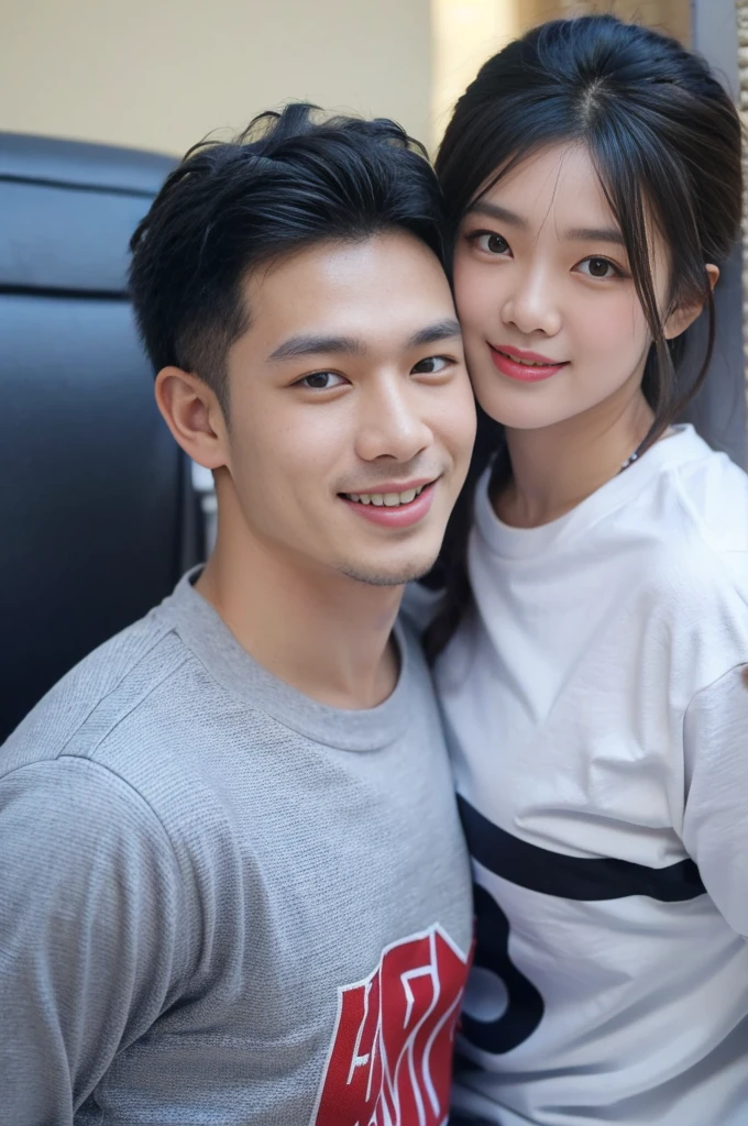 ((Highest quality, 8K, Masterpiece: 1.3))、Thailand Laos Burma Asia, Thai man, A handsome Asian rugby player with short hair, a muscular beard, and big muscles., １A man who has、 yo、Good appearance、Beautiful nose、smile、 Detailed eyes and face、beautiful light、(studio)、high resolution、（Look at the viewer.）、Fine mouth、smile、whole body: 1.5, perfect shape: 1.3, Picture of both shoulders:1.3, Navy blue round neck t-shirt:1.5