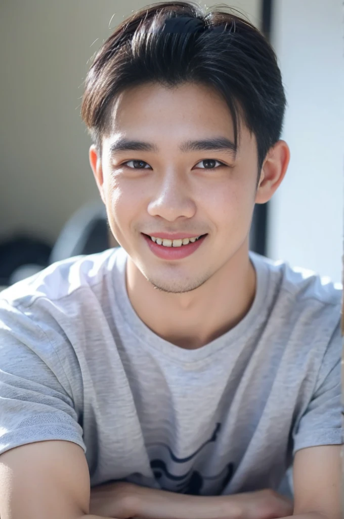 ((Highest quality, 8K, Masterpiece: 1.3))、Thailand Laos Burma Asia, Thai man, A handsome Asian rugby player with short hair, a muscular beard, and big muscles., 1A man who has、 yo、Good appearance、Beautiful nose、smile、 Detailed eyes and face、beautiful light、(studio)、high resolution、(Look at the viewer.)、Fine mouth、smile、whole body: 1.5, perfect shape: 1.3, Picture of both shoulders:1.3, Navy blue round neck t-shirt:1.5
