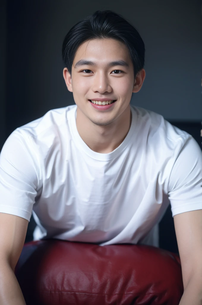 ((Highest quality, 8K, Masterpiece: 1.3))、Thailand Laos Burma Asia, Thai man, A handsome Asian rugby player with short hair, a muscular beard, and big muscles., 1A man who has、 yo、Good appearance、Beautiful nose、smile、 Detailed eyes and face、beautiful light、(studio)、high resolution、(Look at the viewer.)、Fine mouth、smile、whole body: 1.5, perfect shape: 1.3, Picture of both shoulders:1.3, Navy blue round neck t-shirt:1.5