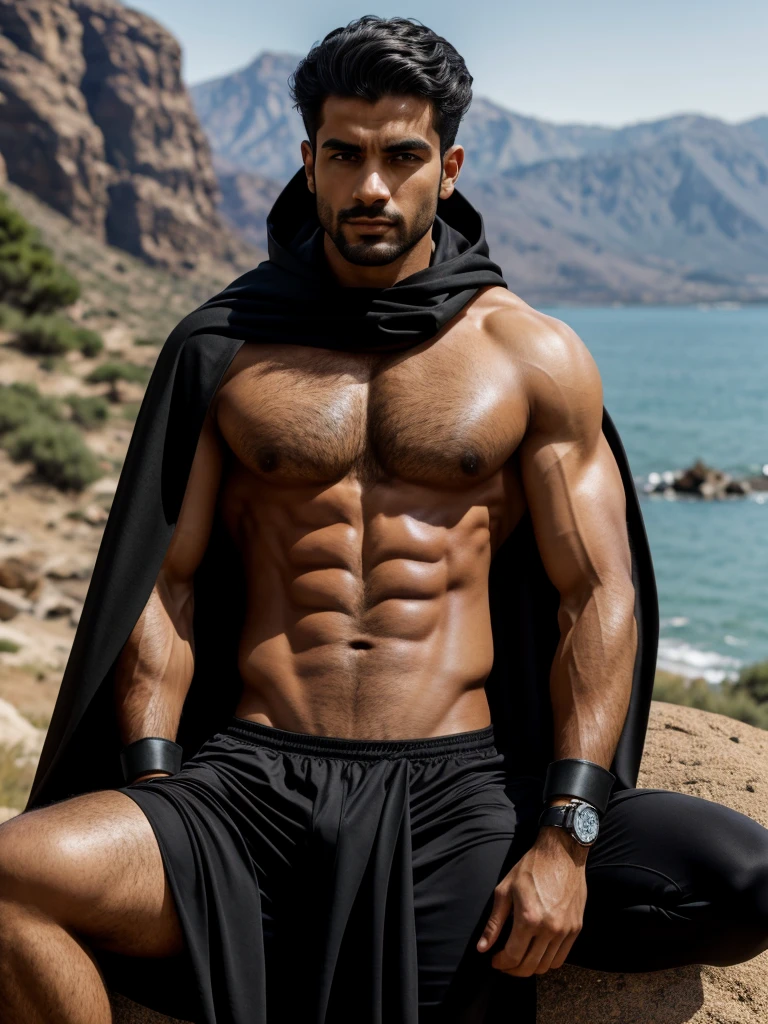 1 men, Middle Eastern Man, focus only, 25 years old, toned body, medium black hair, Assassin costume with an unfolded cape on the intricate right shoulder, Lean and muscular body, dark shaped eyes, sitting on a rock, work of art, ultra HD, insane details, realisitic, face detailed, Detailed texture skin, nblurry background, wasteland, 8K