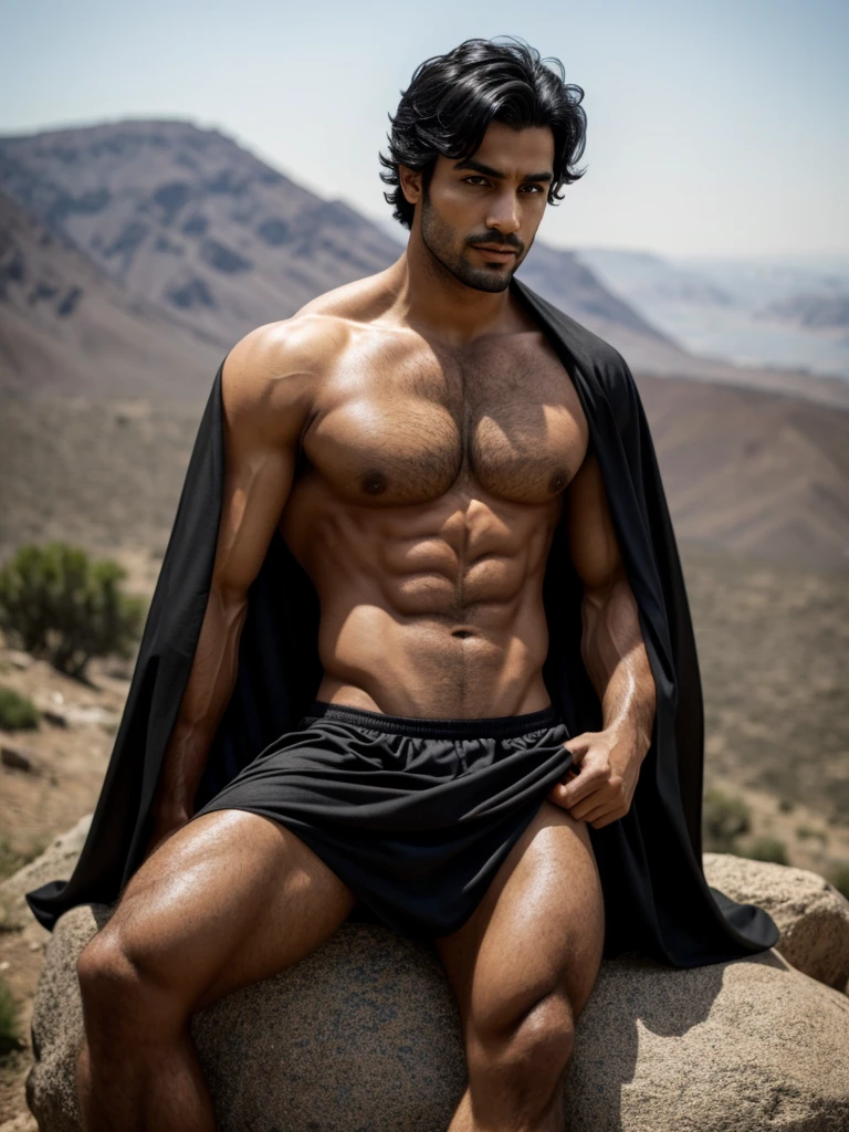 1 men, Middle Eastern Man, focus only, 25 years old, toned body, medium black hair, Assassin costume with an unfolded cape on the intricate right shoulder, Lean and muscular body, dark shaped eyes, sitting on a rock, work of art, ultra HD, insane details, realisitic, face detailed, Detailed texture skin, nblurry background, wasteland, 8K