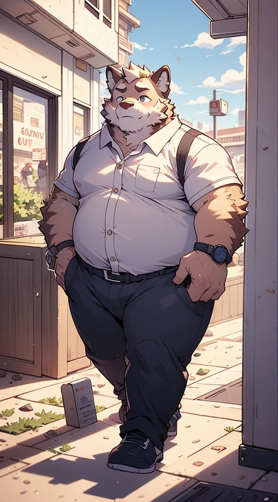 Wolf personification、high school student、uniform、Silver fur、Sharp Eyeasterpiece、Highest quality、Detailed Background、Walking around the city