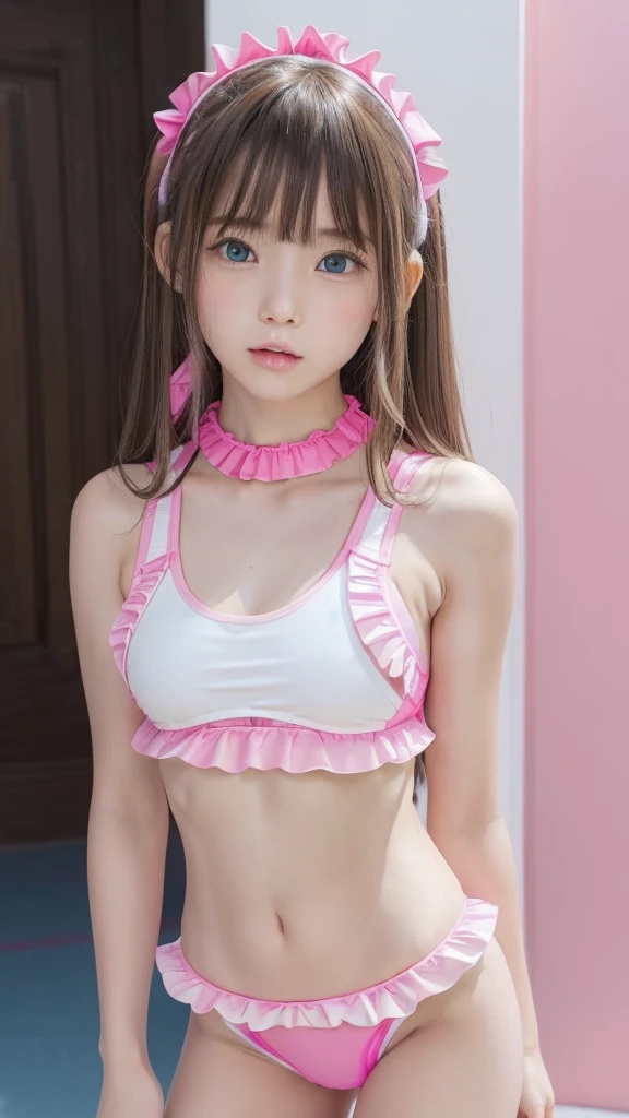 (((1 small cute girl/Super Flat Chest/whole body))),(((At the resort))),(((innocent))),(((Petite figure))),(((Big Blue Eyes))),(Lightroom:1.13)、Soft Light、(Natural Skin Texture:1.2)、(Hyperrealism:1.2)、Sharp Focus、Highest quality, Photorealistic, In 8K, High resolution, (Skin Dentition), (Portrait:0.6), Pure Eros Face_v1:1,(((A pure 10-year-old)))、Nice cute girl、(((hot pink and white and deep pink combination sports bra swimsuit/Mini frills/Small breasts:1.72))),((Dark blonde long straight hair/Hair band/Neckband, Parted bangs:1.7)), (((See through clothes))),(((Undersized clothing))),(((Revealing clothes))), (((Childlike)))、((())),(((Shot from below))),(((Super Flat Chest))),(((In the pussy part pantyliner))),(((NSFW)))