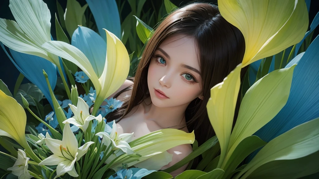 32k, Masterpiece, Highest quality, One girl, Brown Hair, Detailed eyes, flower,Amaryllis, Blue and green style,A dreamy, romantic piece,Pale yellow, Mysterious Leaves,A playful arrangement,Fantasy,High Contrast,Ink strokes,explosion,Exposure, Impression of blue and green tones,Abstract, Brush strokes,Negative Space, Tyndall effect
