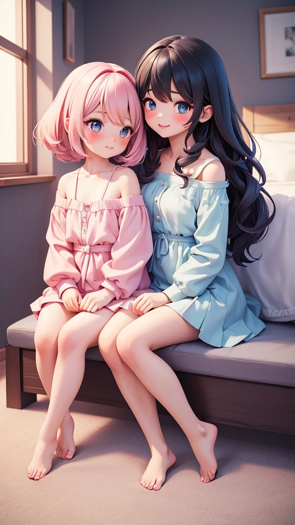 ((2girls, for two)), ((petite kawaii, jk bishojo)), ((kawaii face)), ((kawaii cute eyes)), ((masterpiece)), ((best quality)), ((ultra detailed)), ((8k)), ((depth)), ((exquisite)), ((crisp)), ((highres)), ((high standard)), ((beautiful and aesthetic)), (super detailed skin), (perfect anatomy), (lipstick), (nose blush), (strap slip), (bare foot), (one room), ((lesbian, yuri)), (beautiful hands), (((wariza, girl sitting)))