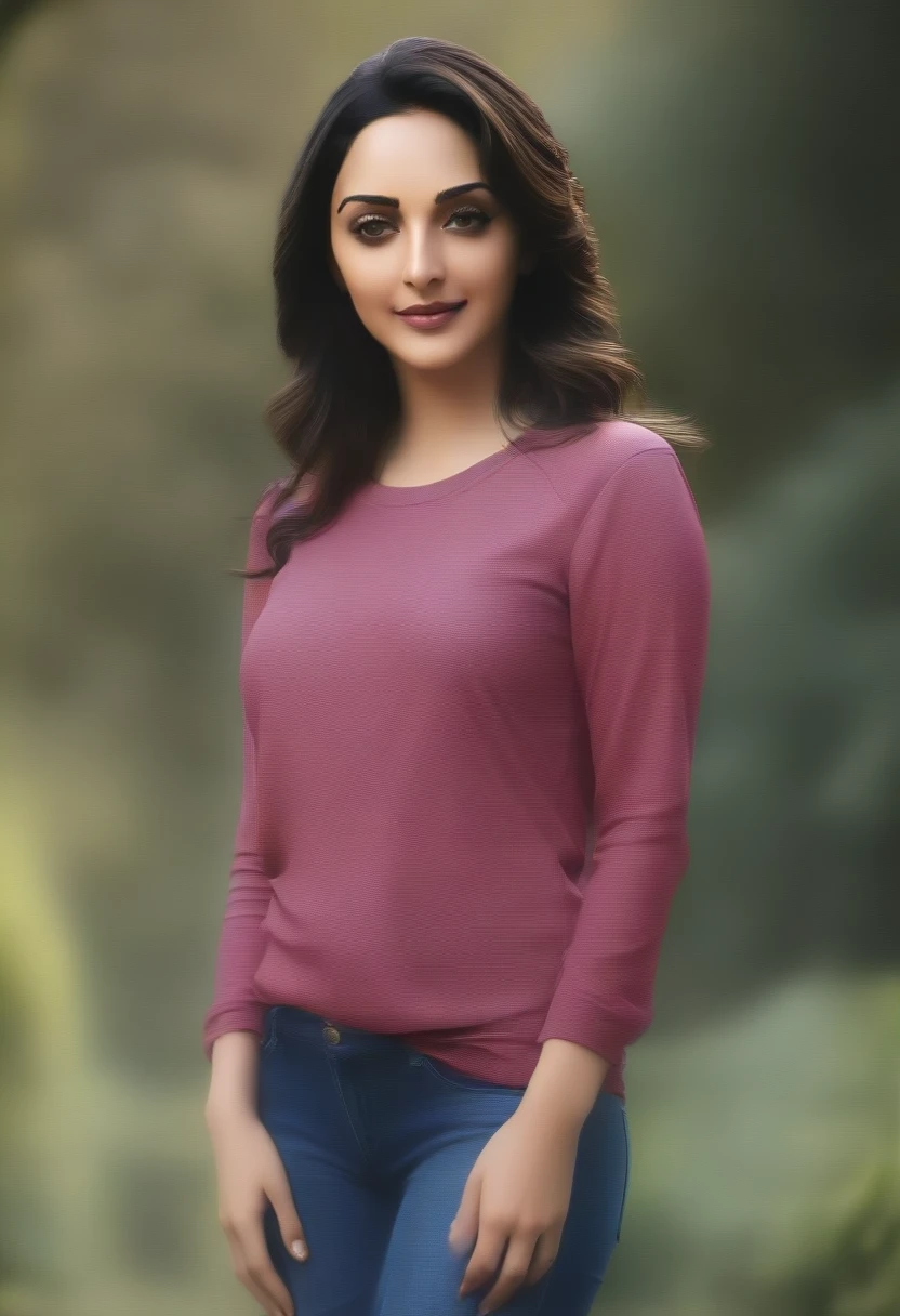 ((best quality)), ((masterpiece)), (detailed), (kiara advani ) , wearing long sleeves red printed t-shirt and blue jeans , in garden 