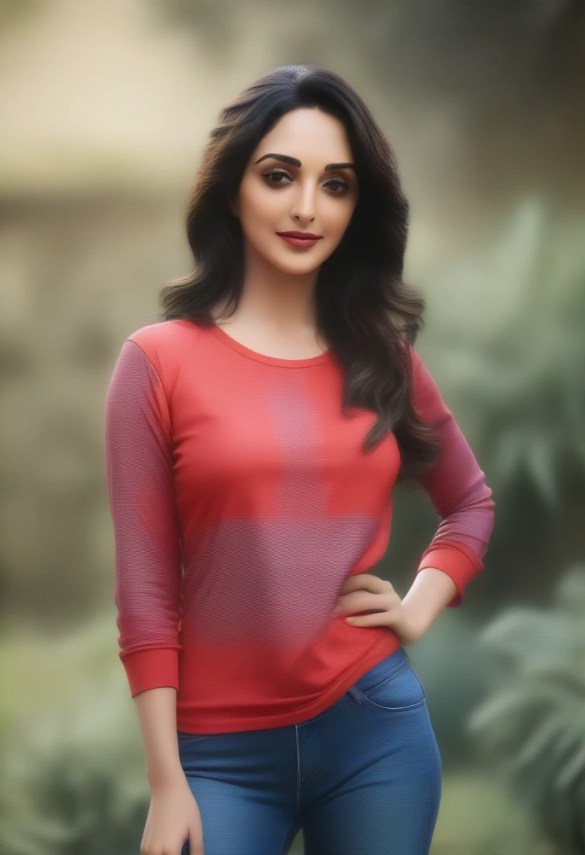 ((best quality)), ((masterpiece)), (detailed), (kiara advani ) , wearing long sleeves red printed t-shirt and blue jeans , in garden 