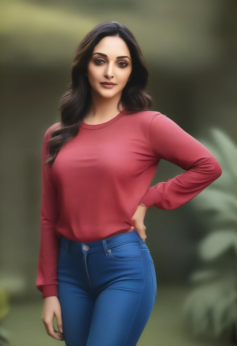 ((best quality)), ((masterpiece)), (detailed), (kiara advani ) , wearing long sleeves red printed t-shirt and blue jeans , in garden 