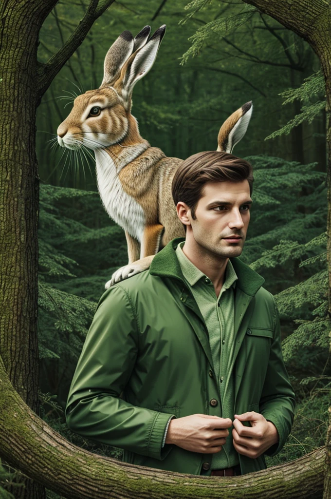 Illustration for the fairy tale about the big hare, in a green jacket