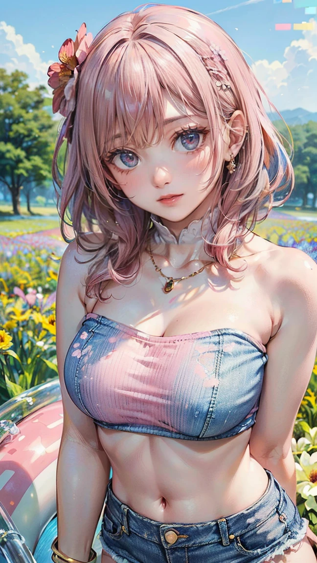 (Masterpiece, BestQuality:1.3), (ultra detailed:1.2), (hyperrealistic:1.3), (RAW photo:1.2), High detail RAW color photo, professional photograph, (Photorealistic:1.4), (realistic:1.4), professional lighting, perfect anatomy, (Big Breasts:1.1), (blush, detailed face), (Ahegao:1.5), (Pink Hair:1.5), Trending Hair&Trending Hairカラーをランダムに, earrings, necklace, bracelet, sexly, erotic sexly, Random sexy gravure poses, ((A woman wearing a pink tube top and denim shorts、Smiling shyly in a summer flower field、A pose with a tube top lowered to show off shoulders。: 1.5)