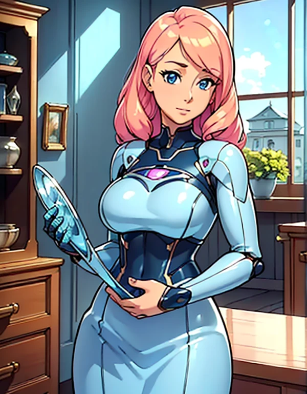 (robot housewife),(display case),(pink dress),(blonde hair),(blue eyes),(plastic skin),(best quality,4k,8k,highres,masterpiece:1.2),ultra-detailed,(realistic,photorealistic,photo-realistic:1.37),portraits,(vibrant colors,colorful:1.1),(soft lighting),(silverware),(spotless kitchen),(beautifully decorated room),(elegant surroundings),(big windows),(tidy and organized),(comfortable living space),(tastefully designed),(stunning artwork),glass showcase),(precious collectibles),(interesting artifacts),(showcasing treasures),(spotlight),(meticulously arranged),(enticing arrangement), (robot parts)