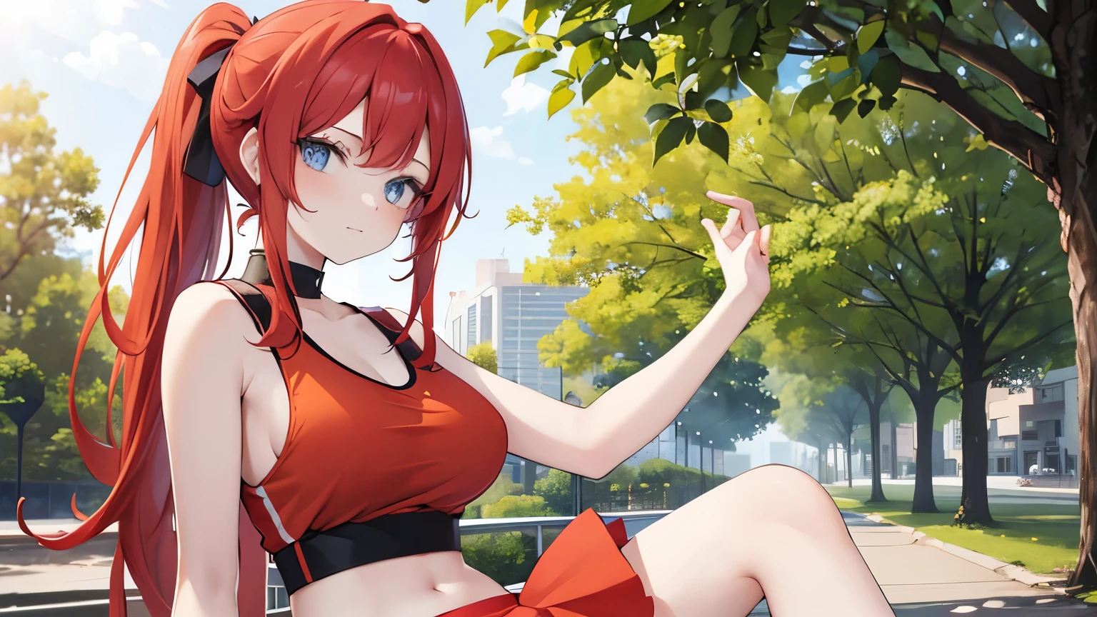 18 year old girl, long red hair with a ponytail, blue eyes, orange sleeveless t-shirt, , short red skirt. looking at the camera in a park. the expression on his face says "Hello how are you?"