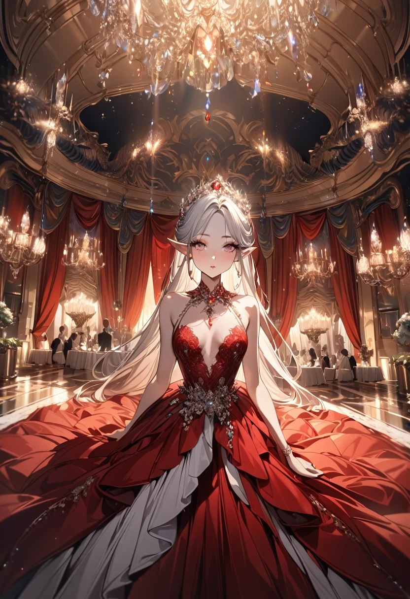 A noble half-elf girl, beautiful detailed eyes, beautiful detailed lips, extremely detailed face, long eyelashes, elegant red blood dress, luxurious jewelry, graceful posture, magical aura, ornate ballroom, crystal chandeliers (best quality,4k,8k,highres,masterpiece:1.2),ultra-detailed),digital painting, cinematic lighting, dramatic shadows, warm color palette