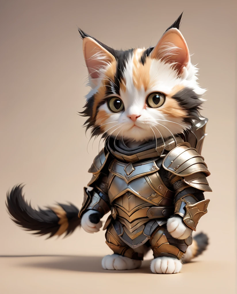 High-detail images　Calico kitten　Warrior　Wearing armor　Full Body Shot　Looking straight at me　
