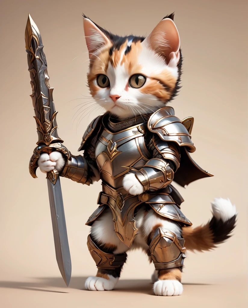 High-detail images　Calico kitten　Warrior　Wearing armor　Full Body Shot　Looking straight at me　