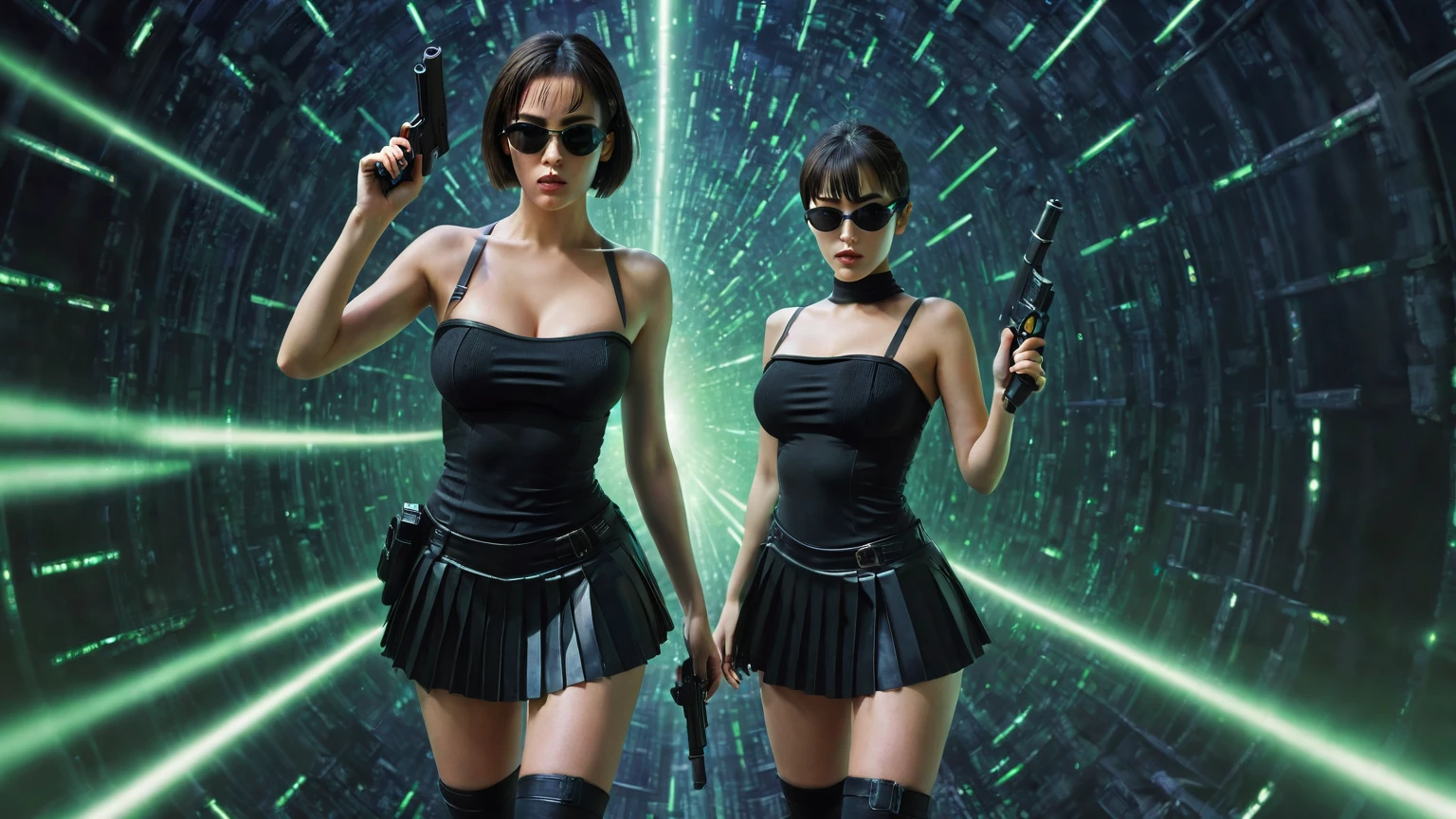 aerial view. sci-fi abstract background. Matrix style, at night, dark sky, (1girl, solo))), photo realistic, (large-breast:1.3 slim body, cleavage:1.2), (((tube top, very short pleated miniskirt))), (((((matrix style black sunglasses))))), (((aiming at camera with a mini pistol))), (looking at camera), (((((half-body thigh level medium shot))))), (cinematic lighting).