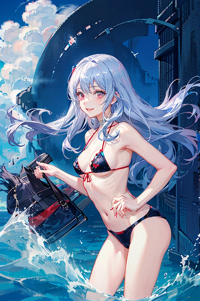 Silver-haired, red-eyed girl、Vampire、Wavy long hair、Ocean、blue sky、float ringに入っている、Swim ring、Tsundere girl、White swimsuit、bikini、Decorations and accessories、smile、dynamic angle