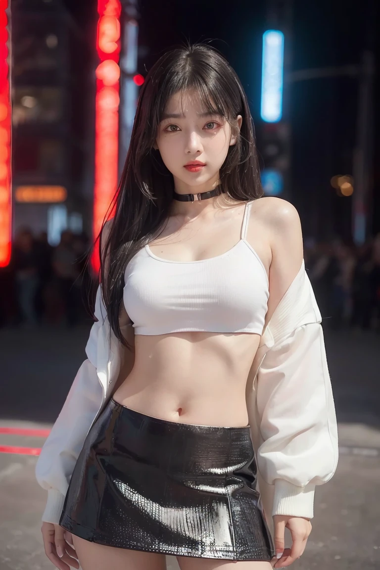 (finely detailed beautiful Red Eyes and detailed face,masterpiece sidelighting,masterpiece,best quality,detailed,High resolution illustrations),(urban tech wear, Cybernetic background, sunshine city),(1 Girl,whole body,beautiful girl,Glowing skin,look down,Looking at the audience),(Black Hair,Red Eyes,Tight skirt,Showing belly)